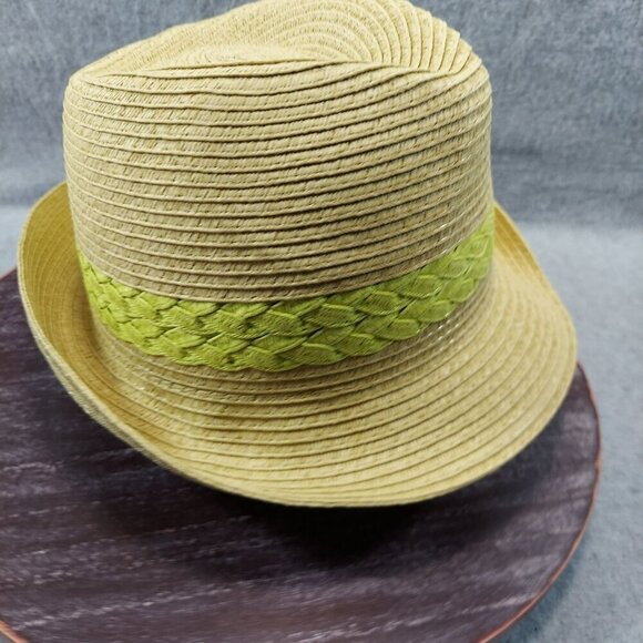 Tan Straw Fedora Hat W/ Green Braided Band Lightweight Summer Style One Size Fit - Picture 2 of 6
